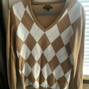 Tommy Hilfiger Brown and White V-Neck Sweater